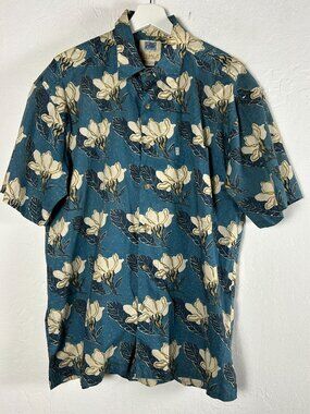 Vintage Kahala Mens Hawaiian Shirt Medium Blue Floral Print Short Sleeve Cotton